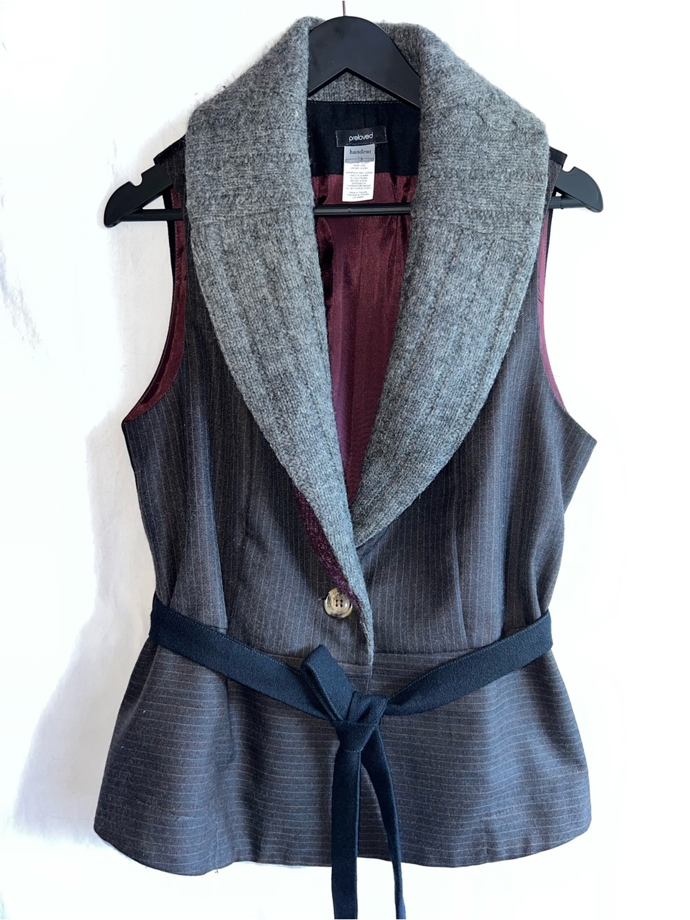 Preloved Handcut Wool Blend Vest Size 8 Gray Knit Collar Tie Back Canada